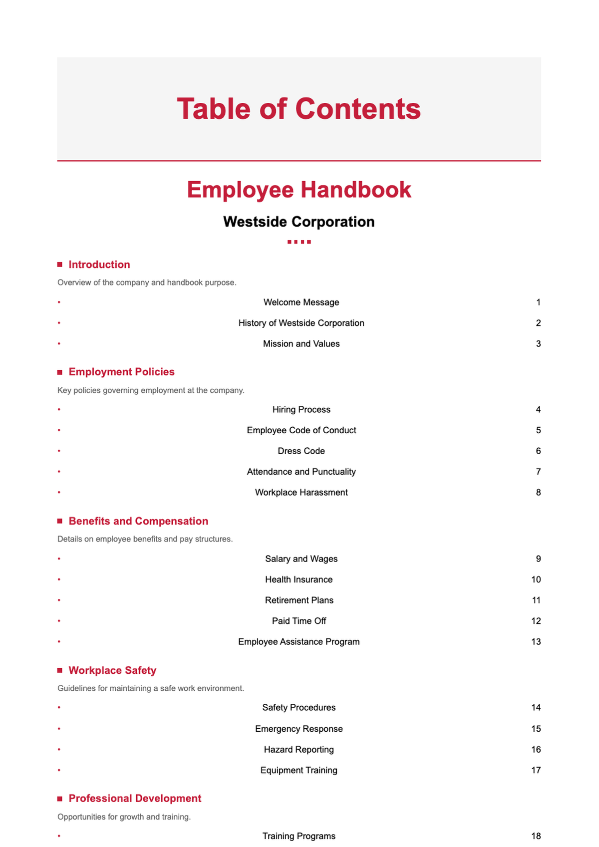 Westside Contracting Inc employee handbook table of contents with red accents and team illustrations_variant_2